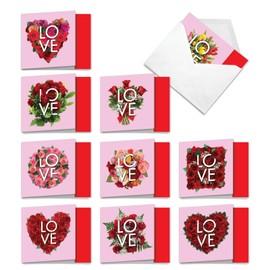 The Best Card Company - 10 Boxed Valentine Note Cards with Envelopes - Loving, Heartfelt Assorted Greeting Cards for Valentine's Day (4 x 5.12 Inch) - Blooming Love MQ5662VDG-B1x10