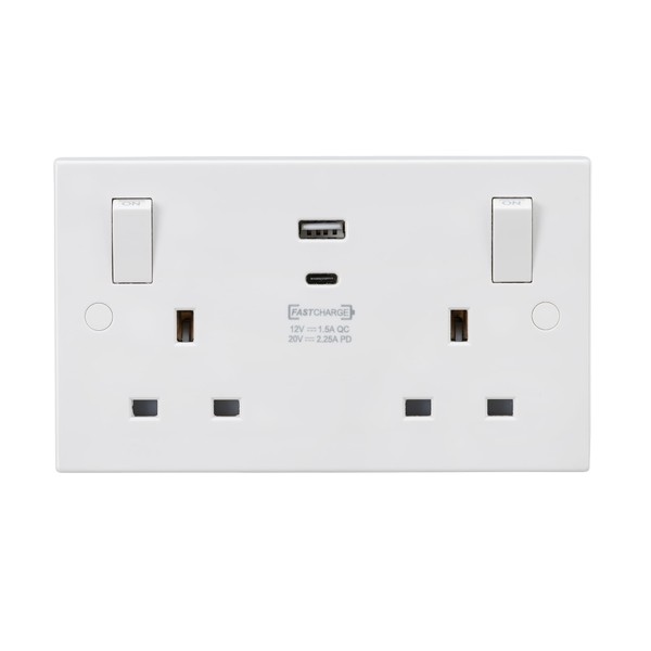 Knightsbridge Square Edge White 13A Double Switched Socket with Outboard