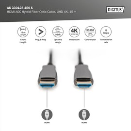 DIGITUS HDMI AOC Hybrid Fibre Optic Cable - HDMI 2.0b - 15 m - Ultra HD 4k/60Hz - Ethernet Channel - HDR ARC HDCP 2.2 - Compatible with TV/Projector/Monitor - Gold-Plated Contacts - Black