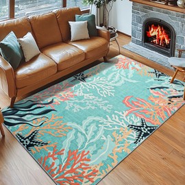 ST. BRIDGE 5x8 Teal Boho Floral Area Rug, Machine Washable Living Room Rug, Non-Slip Low Pile Modern Abstract Print Soft Carpet for Bedroom, Kids Room, Playroom, Office