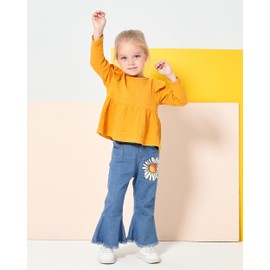 Renotemy 4T/5T Girls Winter Outfits - Yellow Floral Ruffle T-Shirt & Ripped Denim Bell Bottom Jeans Set - Modern Playful Style - Breathable Cotton Blend - Suitable for Girls Aged 2-5 Years