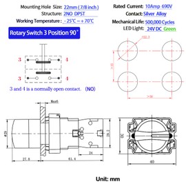 10Amp 3 Position Rotary Switch with Green LED Light 22mm 7/8in Mounting Hole Waterproof IP65 Selector Switch Maintained DPST 2NO 600V AC