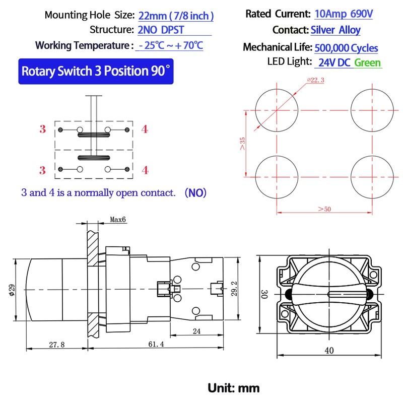 10Amp 3 Position Rotary Switch with Green LED Light 22mm