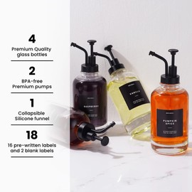 Molimoli Coffee Syrup Dispenser Set of 4, Glass Bottles with Pump, Maple & Coffee Syrup, Black