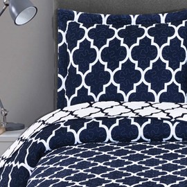 Royal Hotel Navy and White Meridian Full/Queen Coverlet 3pc Set, Oversized Luxury Microfiber Printed Quilt