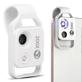 200X Phone Mini Pocket Microscope,Portable Microscope with LED Light, Clip Phone Microscope with Universal CPL,Microworld for Kids Adults (White)