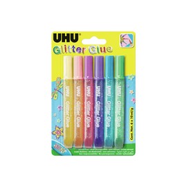 UHU Glitter Glue Shiny, glitter glue for tinkering, decorating and creative design in tube with fine dosing tip, blister 6 x 10 ml, multicolor - assorted
