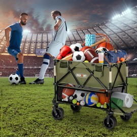 Overmont 400L Double Decker Wagon, Heavy Duty 450lbs Capacity Collapsible Wagon Cart with 47" Extender, Large Folding Utility Wagon with All-Terrain Wheels for Camping, Beach, Gardening, Green