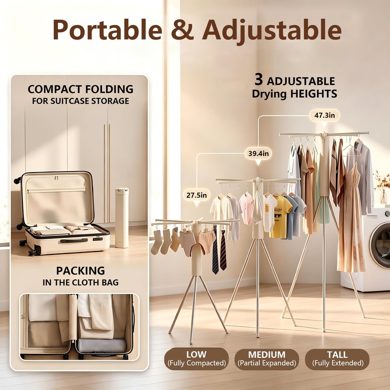 Foldable Tripod Clothes Drying Rack - 6 Clothes Arms &