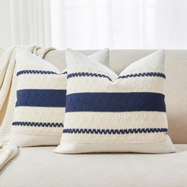 GriNeed Throw Pillow Covers Set of 2 18x18 Inch Boho Pillow Covers, Soft Neutral Cotton Navy Blue Decorative Case for Couch Sofa Bed Living Room, Home Modern Woven Farmhouse Cute Decor