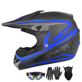 Youth Kids Anti-Collision Dirt Bike Helmet Trend Skull ATV DOT Approved BMX Youth Helmet SUV Mask Goggles Gloves,Dirt Bike Downhill Off-Road Mountain Bike Helmet 4-Piece Set (Blue, Medium)