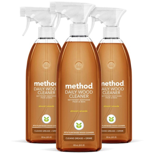 Method Daily Wood Cleaner, Almond, Plant-Based Formula That Cleans Shelves, Tables and Other Wooden Surfaces While Removing Dust & Grime, Almond Scent, 28 oz Spray Bottles, (Pack of 3)