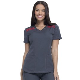 Dickies Dynamix Womens Tops, Athletic-Inspired Mélange V-Neck Scrub Top with Four-Way Stretch and Moisture Wicking Plus Size DK740, 4XL, Pewter/Red