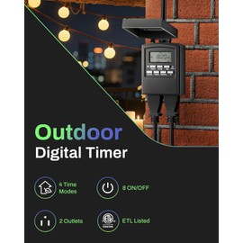 BN-LINK 7 Day Outdoor Heavy Duty Digital Programmable Timer, Outdoor Timer Outlet Waterproof, 2 Grounded Electrical Outlets for Christmas Lights, 15A 1/2HP,ETL Listed