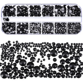 Hsthe Sea 2016 Pieces Flatback Gems Round Crystal Rhinestones for Crafts Mixed 6 Sizes with Picking Tweezers and Pen (Black)