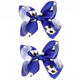 JOYRUBY 2PCS Soccer Print Bow Clips, 4.3 Inch Soccer Hair Bows for Girls, Royal Blue Cheer Bows Barrettes Clip World Cup Hair Accessories for Girls Teens Sports Cheerleading