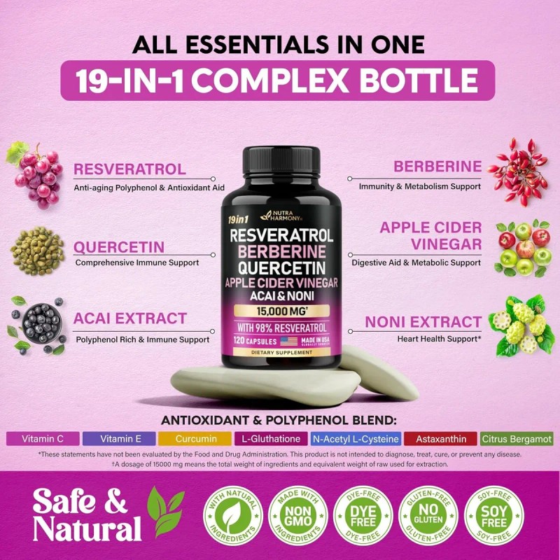 Resveratrol + Berberina + Quercetina Con 120 Caps. Hecho Usa