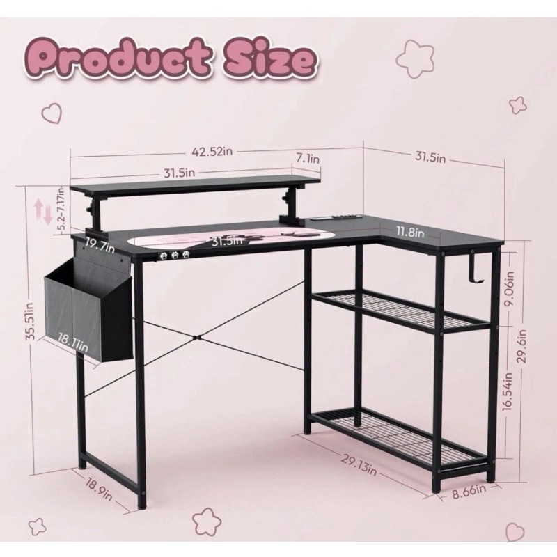 Dowinx 43” Black L-Shaped Gaming Desk w/ Built-in Power Outlets