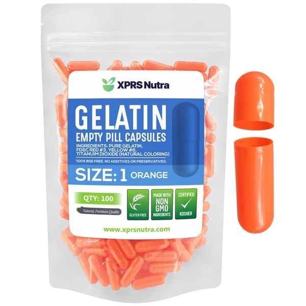Cápsulas Express - Tamaño 1 naranja vacías cápsulas de gelatina – Kosher – Cápsula de píldora de gelatina pura – Relleno de polvo (100)