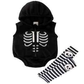 stylesilove Unisex Baby Boy & Girl Skeleton Fleece Black Hooded Jumpsuit with Striped Leg Warmers 3pcs Fall Festival Outfit (12-18 Months)