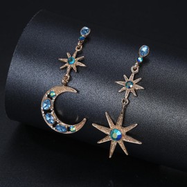 HMOOY Bohemian Moon Star Asymmetric Hoop Earrings Crystal Moon and Sun Drop Earrings Long Retro Exquisite Punk Style Accessories Jewellery for Women Girls, mental
