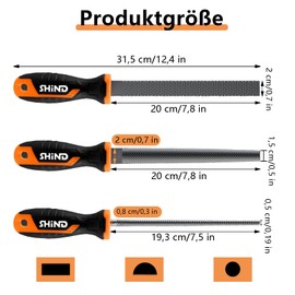 Wood Rasp Set, 200 mm File Set Metal, 3-Piece File Set Including Flat File, Half Round File and Round File, Metal File, Terry Wood File Set for Woodworking, DIY, Crafts