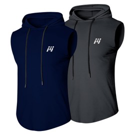 MEETWEE Men's Tank Top, Sports Shirt with Hood, Sleeveless Muscle Shirts, Fitness Sleeveless Shirt, Breathable Running Shirt, Underarm Shirts, Hoodie for Gym, Running, Training, Grey + blue