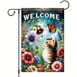 Starlit Patio Welcome Spring Cat Garden Flag Spring Summer Floral Flower Garden Flags 12 x 18 Inch Burlap Double Sided Cute Kitten Butterfly Yard Flags for Seasonal Outside Outdoor Decoration