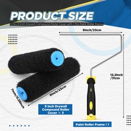 Threlaco 3 Pcs 9 Inch Drywall Compound Roller Cover with 1 Pcs Paint Roller Frame, Drywall Texture Roller Brush, Drywall Mud Roller for Putty, diatomaceous Earth, molding Paste, Textured coatings