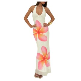 Milumia Women's Floral Print Deep V Neck Halter Dress Tie Backless Mesh Bodycon Maxi Skirts Pink and White Medium