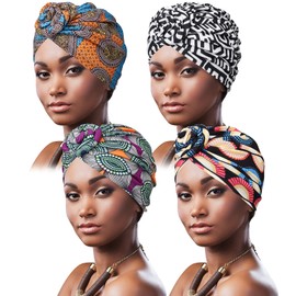 DRESHOW 4 Pack Women Turban African Pattern Knot Headwrap Beanie Pre-Tied Bonnet Chemo Cap Hair Loss Hat