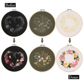 keke Full Series of Beginner Embroidery Kits Embroidery Cloth with 3 Stamp Patterns 3 Bamboo Embroidery Stretches 6 Needles 1Scissors and Instructions (Yellow)