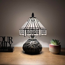 enjoy decor lamps Tiffany Mini Table Lamp White Hexagon Stained Glass Included LED Bulb Dragonfly Base for Living Room Dining Room Bedroom Bedside 12" H*8" W