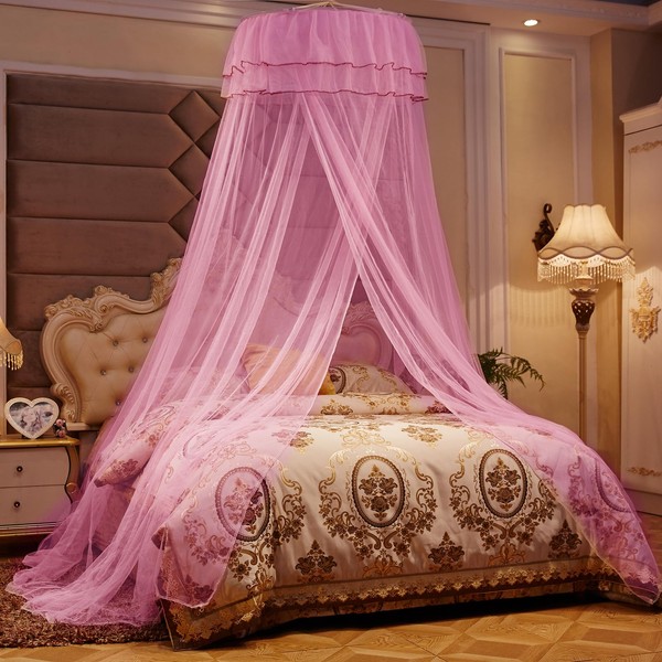 Beyeutao Pink Bed Canopy Lace Mosquito Net Kids Bed Canopy Round Dome Bed Canopy Bed Tent Play Tent Mosquito Net for Girls Boys Room Decoration Present.