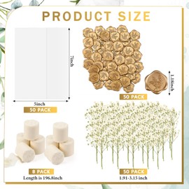 Fuyoooo 50 Sets Wedding Invitations Wraps Set Pre Folded Vellum Jackets for 5 x 7 Invitations Self Adhesive Gold Wax Seal Stickers Dried Baby's Breath Flowers Chiffon Silk Ribbon for Craft DIY