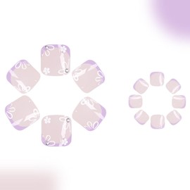 Summer Press on Toenails Short Square Fake Toe Nails Purple French Tip Toe Nail Press ons NudeToenail Press ons Cute Acrylic Toenails with 3D Flower Designs Stick on Toenails for Women 24Pcs