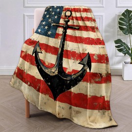 VANZEV Vintage American Flag Anchor Blanket Gifts for Women, Nautical Theme Flannel Blanket, Soft Warm Lightweight Throw Blankets for Bedding Sofa Couch Home Travel Decor 50" x 60"