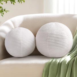 AELS Round Decorative Throw Pillows, Set of 2, 11.8"& 10" Corduroy Striped Ball Pillow Set for Couch Sofa Living Room Bedroom Nursery Decor, Mid Century Modern Home Decor, Cream White