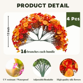 Artificial Fall Flowers for Outdoor, Fake Petunias Plants, Faux Flower, Fake Mums, 4PCS Fall Outdoor Decoration, UV Resistant, Silk Morning Glorias, for Home Garden Porch Planter (Golden Autumn)