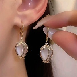 Cimenexe Bohemian Opal Tulip Flower Dangle Earrings Gold Crystal Tulip Drop Earrings Small Tulip Flower Circle Earrings Cz Opal Tulip Flower Earrings Jewelry for Women