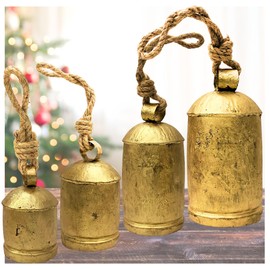 4pc Decorative Rustic Bells Set Shabby Chic Vintage Bell Brass Coated Country Style Cowbell Jute Rope Wall Hanging Harmony Giant Cow Bells Lucky Charm Christmas Bell (4X Harmony Bells 4"-6"-8"-10")
