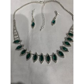 Unbranded Necklace Earrings Jewelry Set, Crystal With Dark Green Rhinestones