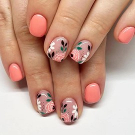 WAFOLOZE Press on Nails Short Square Fake Nails Solid Colour False Nails with Flower Press ons Designs Acrylic Nails Press on Artificial Nails Stick on Nails for Women 24Pcs