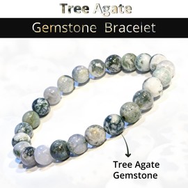 Tree Agate Bracelet, Natural Healing Crystal Bracelet for Women and Men, 8mm Round Beaded Bracelet for Spiritual, Protection, Positive Energy, Elastic Adjustable Size Gemstone Bead Bracelet