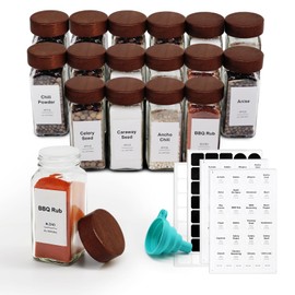 CKCY 16 Pcs Spice Jars, 4oz Seasoning Containers with Acacia Wood Shaker Lids, Glass Spice Bottles with Labels, Square Seasoning Organizer, Kitchen Spice Container