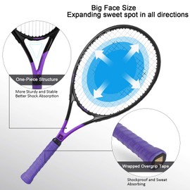 LUNNADE Adults Tennis Racket 27 Inch, Shockproof Carbon Fiber Tennis Racquet Light-Weight, Pre-Strung and Regrip, Suitable for Beginners to Intermediate Players