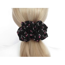 26 Colors Available, Colorful Big Scrunchies for Hair, Soft Chiffon Ponytail Holder, Cute Birthday Gift for Women Girl Teen, Holiday Accessory (Black Red Tulips)