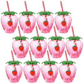 LemonRoad 12 Pcs 17 oz Strawberry Shaped Cups with Lids and Straws Reusable Cute Drinking Cups Strawberry Water Bottles for Hawaiian Summer Party