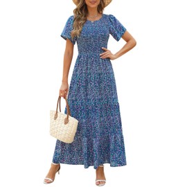 Kranda Summer Dresses for Women 2024 Round Neck Flutter Short Sleeve Tiered Ruffle Smocked Floral Maxi Dress Purple Green S
