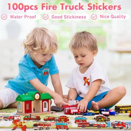 Glenmal 100 Pcs Firetruck Stickers for Kids Firefighter Stickers Cute Fire Truck Birthday Party Favors Supplies Decorations Waterproof Vinyl Truck Police Construction Stickers Water Bottles Decals